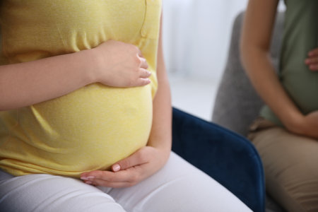 Pregnant woman sitting on chair indoors, closeup. Courses for expectant mothersの写真素材