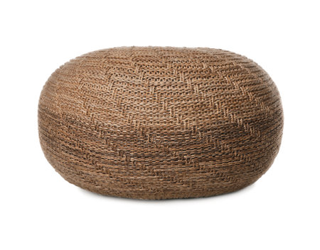 Stylish brown knitted pouf isolated on whiteの写真素材