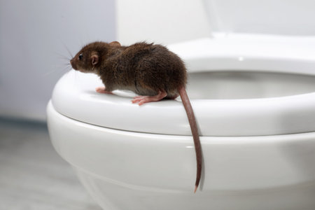Rat on toilet bowl in bathroom. pest control