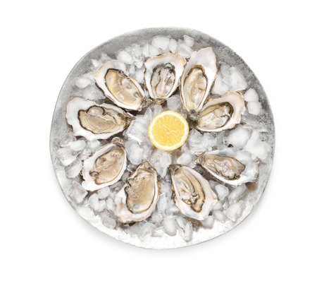 Fresh raw oysters served on white background, top viewの写真素材