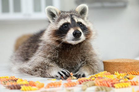 Cute mischievous raccoon playing with uncooked pasta on kitchen tableの写真素材