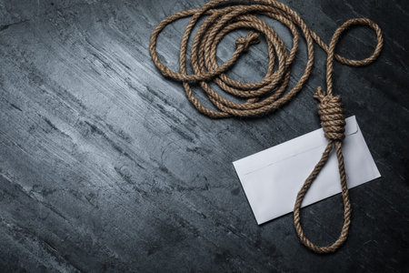 Rope noose and blank envelope on black table, flat lay. Space for textの写真素材