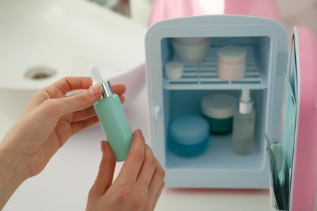 Woman with cosmetic product near mini fridge indoors, closeupの写真素材