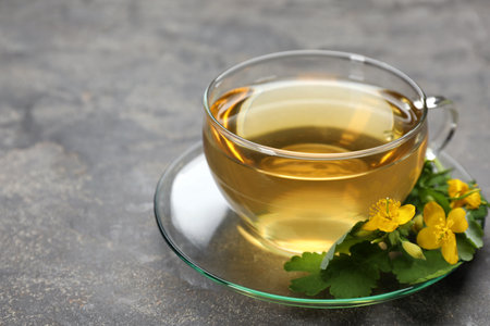 Glass cup of aromatic celandine tea and flowers on gray table, closeup. Space for textの写真素材