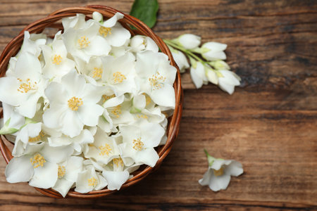 Beautiful jasmine flowers in wicker bowl on wooden table, top view. Space for textの写真素材