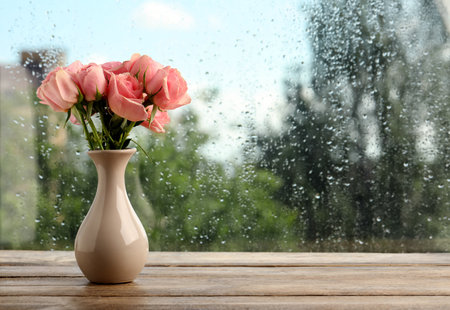Vase with roses near window on rainy day. Space for textの写真素材