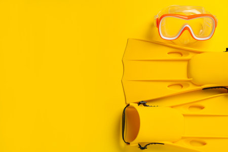 Pair of flippers and mask on yellow background, flat lay. Space for textの写真素材