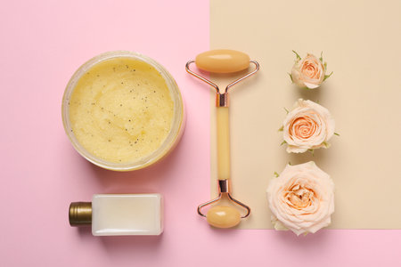 Skin care products, beautiful roses and face roller on color backgroundの写真素材
