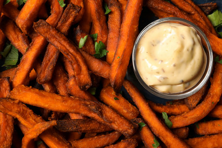 Delicious sweet potato fries served with sauce, closeup