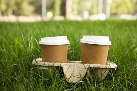 Takeaway paper coffee cups with plastic lids in cardboard holder on green grass outdoorsの写真素材