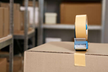 Taping box with adhesive tape dispenser indoors. Space for textの写真素材