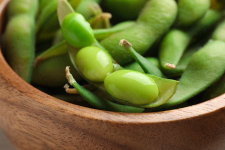 Bowl with green edamame beans in pods, closeupの写真素材