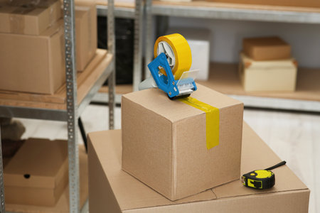 Taping cardboard box with adhesive tape dispenser indoorsの写真素材