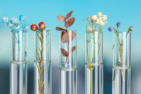 Different plants in test tubes on blurred background, closeupの写真素材