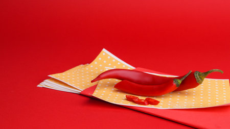 Pepper plasters and chili on red background, space for text. alternative medicineの写真素材