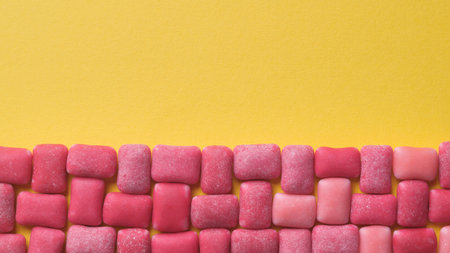 Sweet chewing gums on yellow background, flat lay. Space for textの写真素材