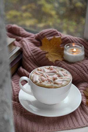 Cup of tasty hot drink with marshmallows, books, leaf and burning candle on blanket. autumn cozinessの写真素材
