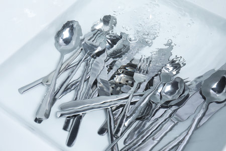 Washing silver spoons, forks and knives in kitchen sink with water, above viewの写真素材