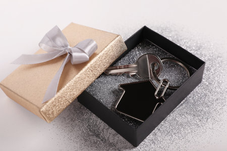 Key with trinket in shape of house, glitter and gift box on light gray background, closeup. house warming partyの写真素材