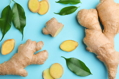 Fresh ginger with green leaves on pale light blue background, flat layの写真素材