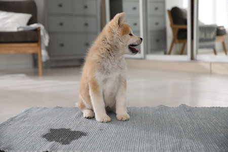 Adorable akita inu puppy near puddle on rug at homeの写真素材