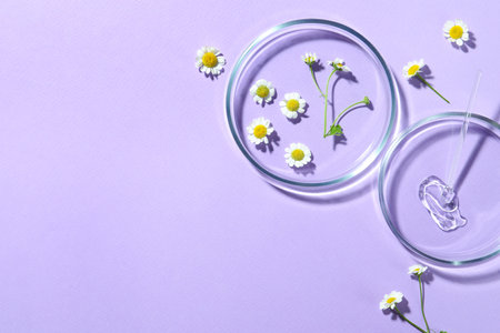 Flat lay composition with Petri dishes and chamomile flowers on violet background. Space for textの写真素材