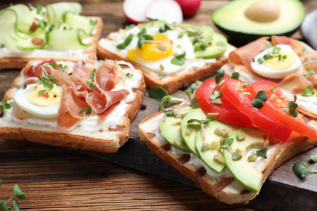 Different delicious sandwiches with microgreens on wooden board