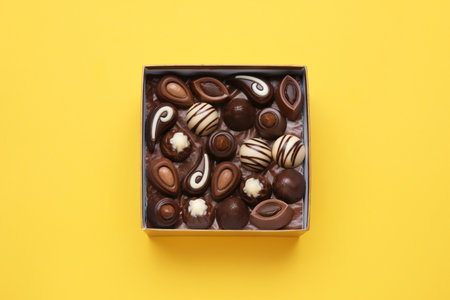 Box of delicious chocolate candies on yellow background, top view