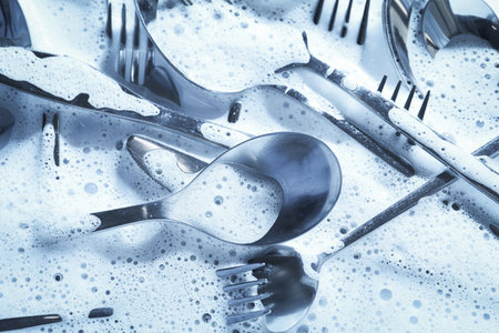 Different silverware in foam, flat lay. Toned in blueの写真素材