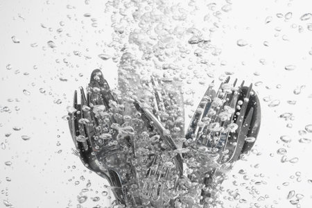 Washing silver cutlery in water on white backgroundの写真素材