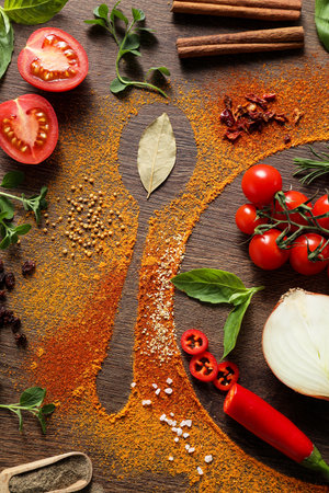 Silhouettes of plate with spoon made of spices and different ingredients on wooden table, flat layの写真素材