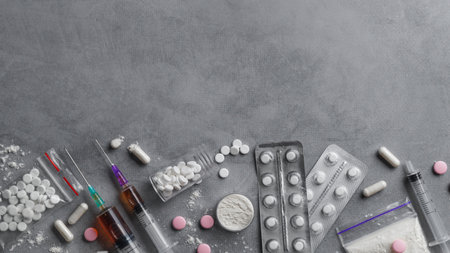 Different hard drugs on gray table, flat lay. Space for textの写真素材