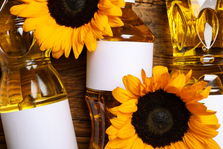 Bottles of sunflower cooking oil and beautiful flowers on wooden table, top viewの写真素材