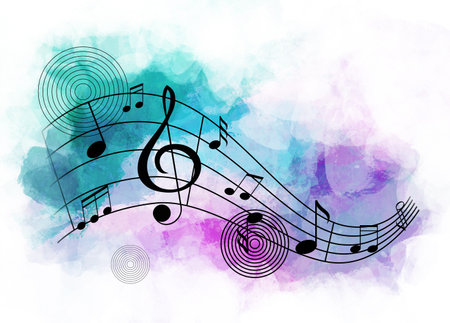 Staff with music notes and treble clef on color backgroundの写真素材