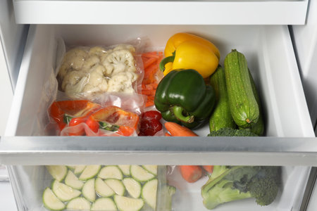 Vacuum bags with different products in fridge. Food storageの写真素材