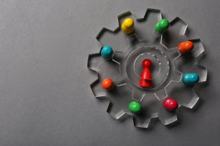 Recruitment process, job competition concept. Composition with different pawns on light grey background, top viewの写真素材