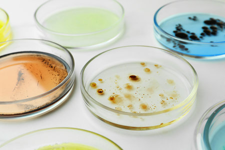 Petri dishes with different bacteria colonies on white background, closeup