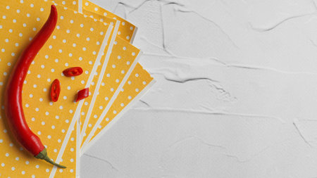 Pepper plasters and chili on white textured table, top view. Space for textの写真素材