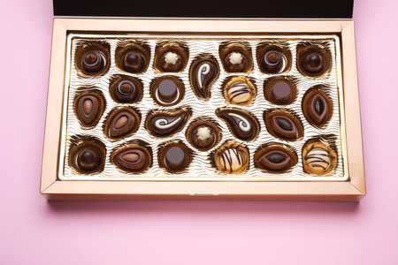Box of delicious chocolate candies on pink background, closeupの写真素材