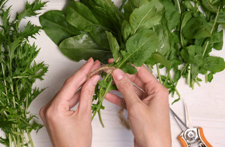 Woman tying bunch of fresh green leaves with twine at white wooden table, top viewの写真素材