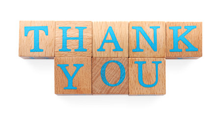 Phrase Thank You made of wooden cubes with letters on white background, top viewの写真素材