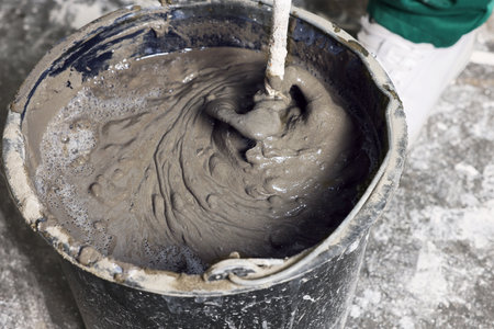 Worker mixing concrete in bucket indoors, closeupの写真素材