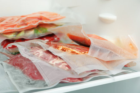 Vacuum bags with different products in fridge, closeup. food storageの写真素材