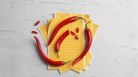Pepper plasters and chili on white textured table, flat layの写真素材