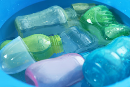 Light blue basin with baby bottles, closeupの写真素材