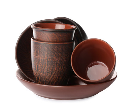 Set of clean crockery isolated on whiteの写真素材