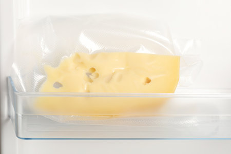 Vacuum bag with cheese in fridge, closeup. food storageの写真素材