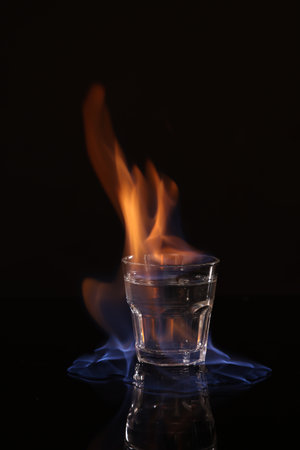 Flaming vodka in shot glass on black backgroundの写真素材