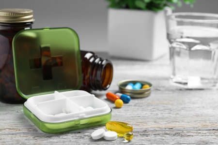 Pill box with medicines on wooden table. Space for textの写真素材
