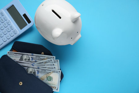 Piggy bank, calculator and wallet with banknotes on light blue background, flat lay. Space for textの写真素材